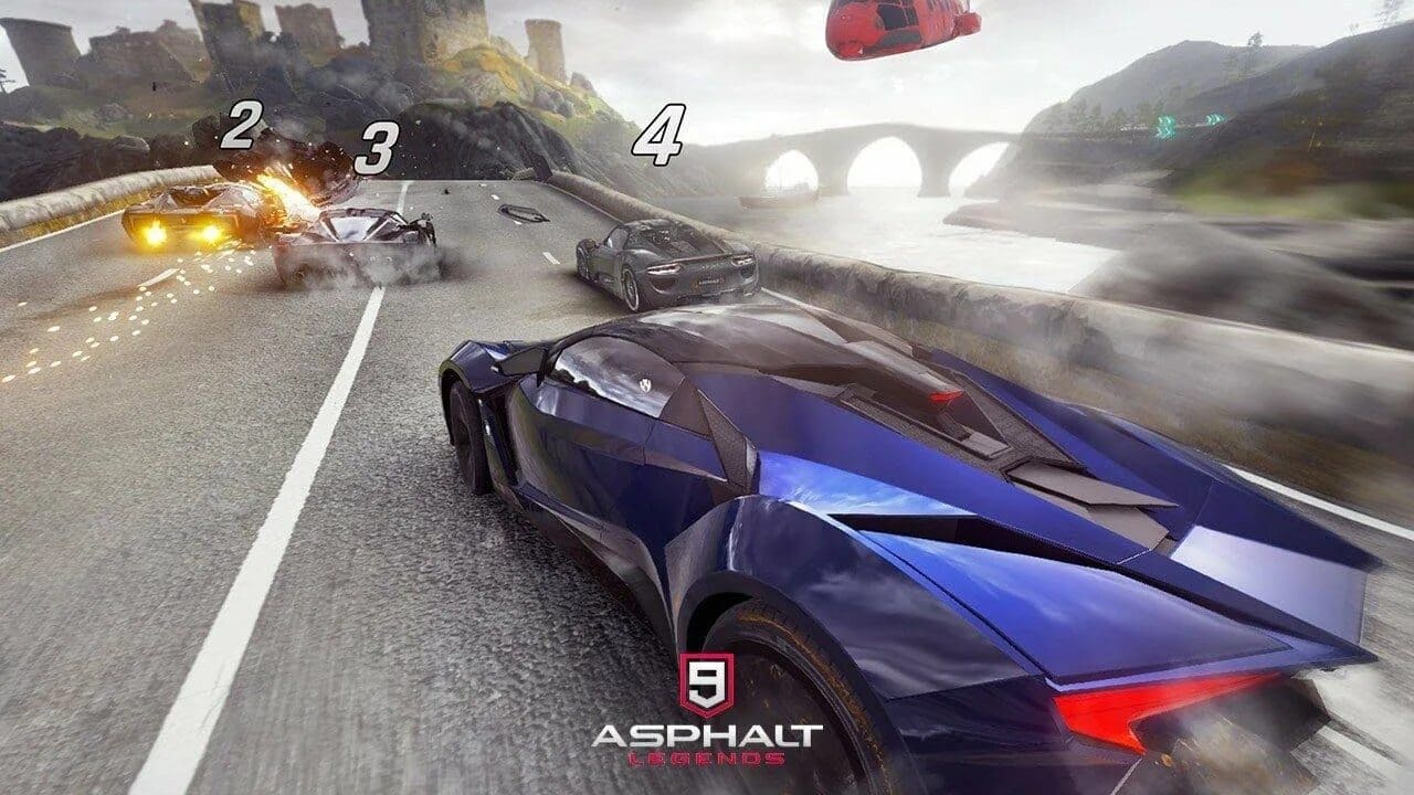 Asphalt 9: Legends gameplay showing a hypercar racing at high speed